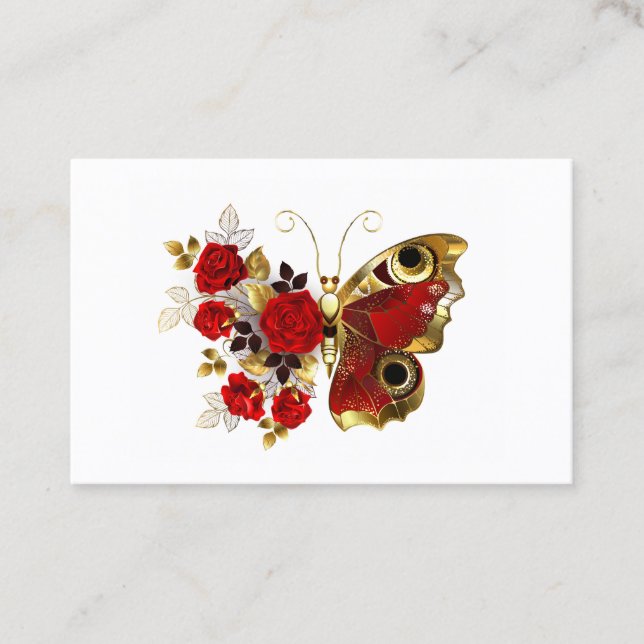 Carte De Visite Papillon fleur rouge avec des roses rouges (Devant)