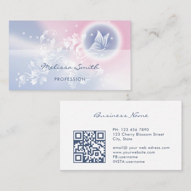 Carte De Visite Papillon floral bleu rose (Devant / Derrière)