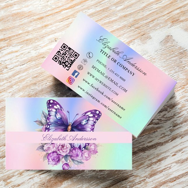 Carte De Visite Papillon holographique violet code QR médias socia (Créateur téléchargé)