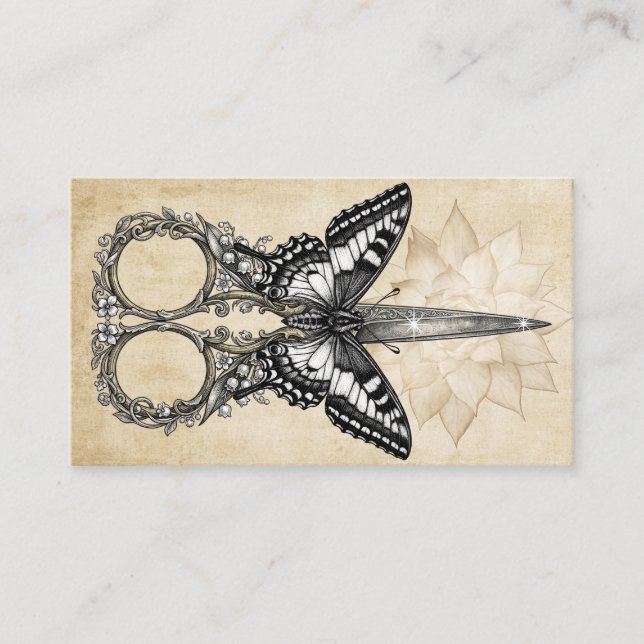 Carte de visite papillon lotus vintage ciseaux (Devant)
