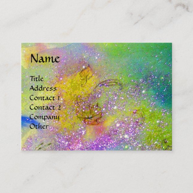 Carte De Visite PAPILLON MAGIQUE violet vert jaune or paillettes (Devant)