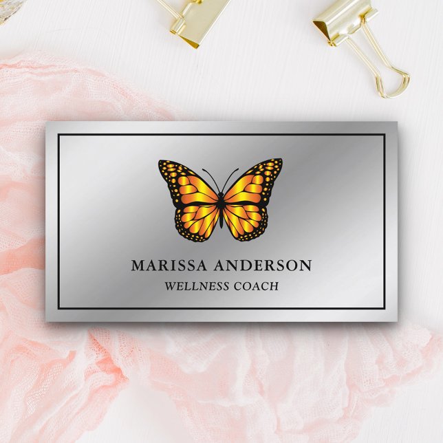 Carte De Visite Papillon Monarch Orange Élégant Feuille d'Argent (Créateur téléchargé)