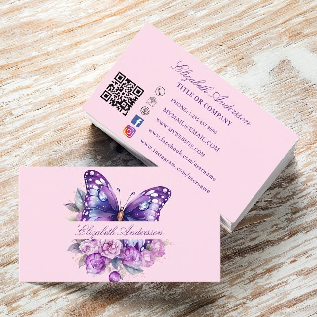 Carte De Visite Papillon rose violet code QR médias sociaux (Créateur téléchargé)