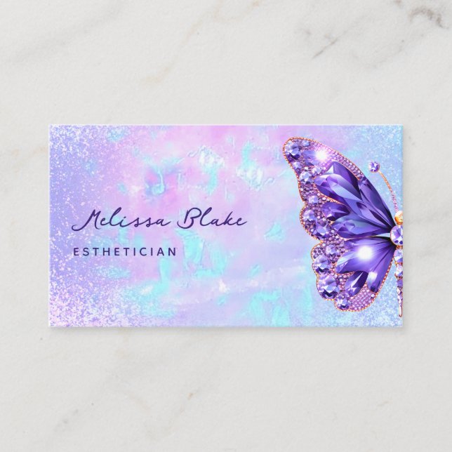 Carte De Visite papillon violet gemmes faux pastel parties scintil (Devant)