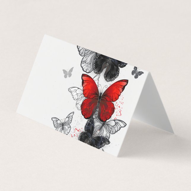 Carte De Visite Papillons Morpho Noirs et Rouges en Vol (Devant)