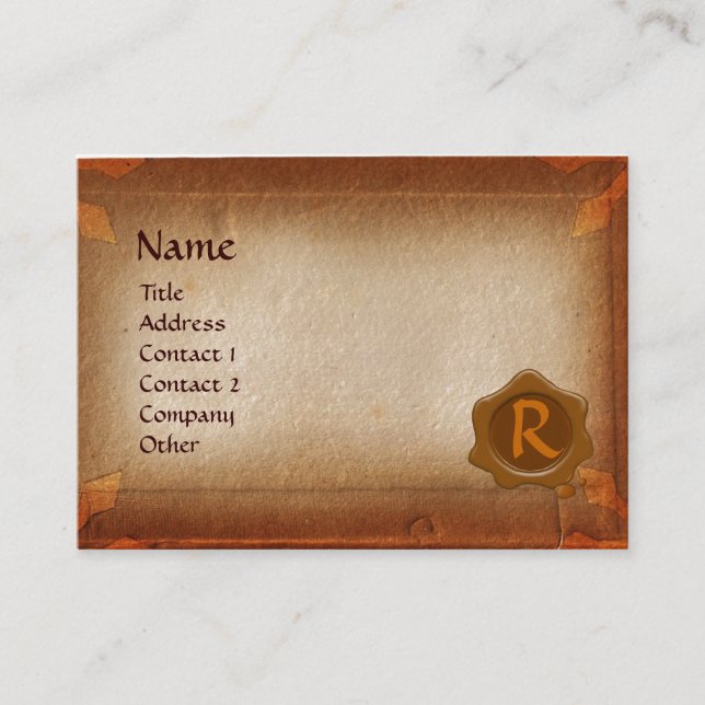 CARTE DE VISITE PARCHEMIN ANCIEN, MONOGRAMME DE CIRE BRUNE (Devant)