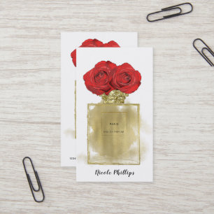 Carte De Visite Parfum Floral Mode Bouteille Roses Rouges Glam Or