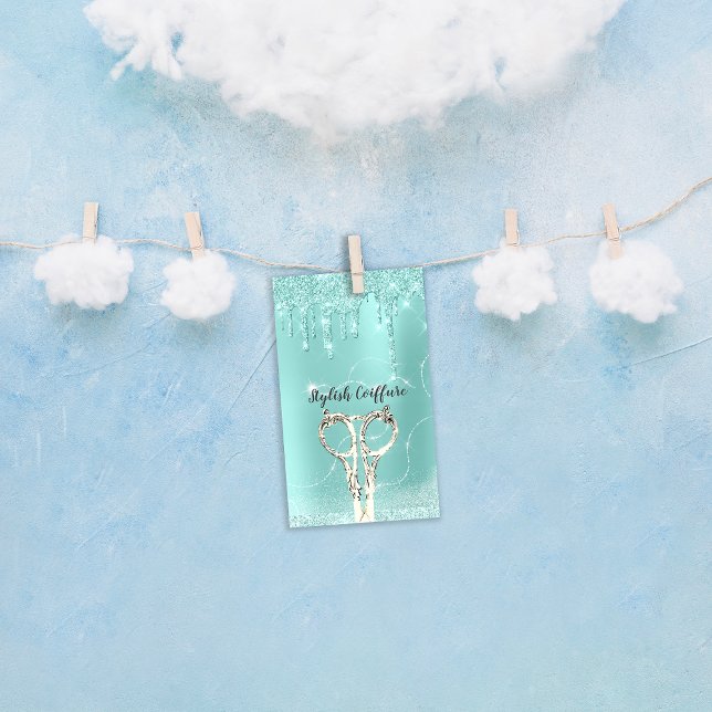Carte De Visite Parties scintillant à la pointe de cheveux Ciseaux (Hair Mint Drip Glitter Coiffure Instagra Scissors Business Card)