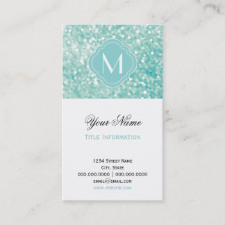 Carte De Visite Parties scintillant Aqua Bokeh Lights et Monogramm