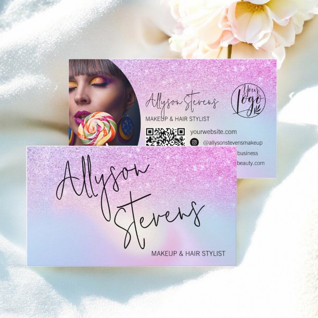 Carte De Visite Parties scintillant arc-en-ciel Ombre maquillage h (Rainbow Glitter Ombre Holographic Makeup QR Business Card)