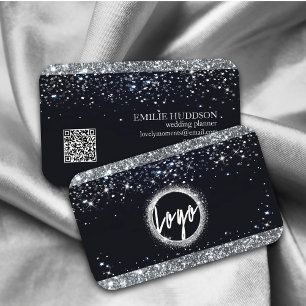 Carte De Visite Parties scintillant argent Faux et code QR noir El