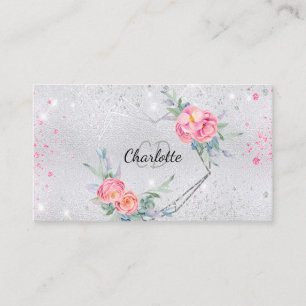 Carte De Visite Parties scintillant argent flores roses maquillage