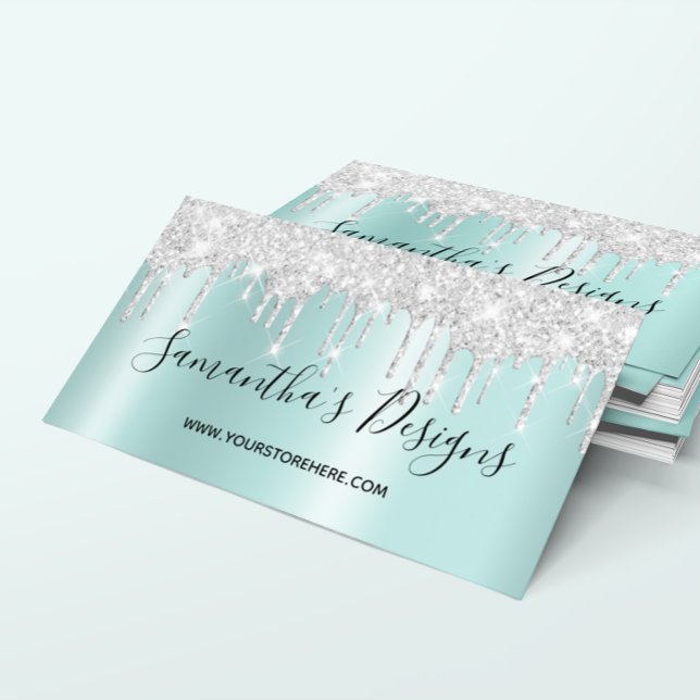 Carte De Visite Parties scintillant argent Lumineuse Ombre Turquoi (Silver Glitter Drips Light Teal Ombre Online Store Business Card)