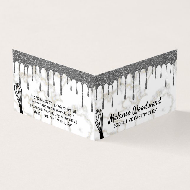 Carte De Visite Parties scintillant Argent | Marbre | Chef Whisk (Extérieur)
