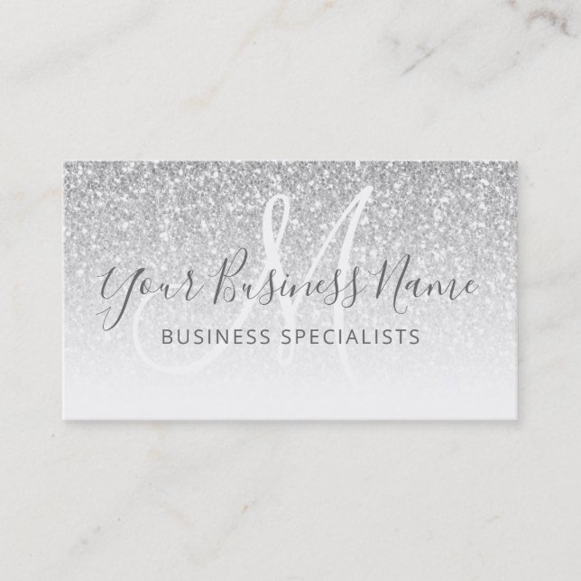 Carte De Visite Parties scintillant Argent Script Business Logo Mo (Devant)