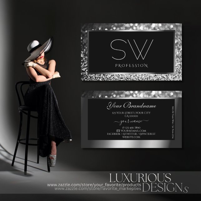 Carte De Visite Parties scintillant argentée brillante Monogramme  (Créateur téléchargé)