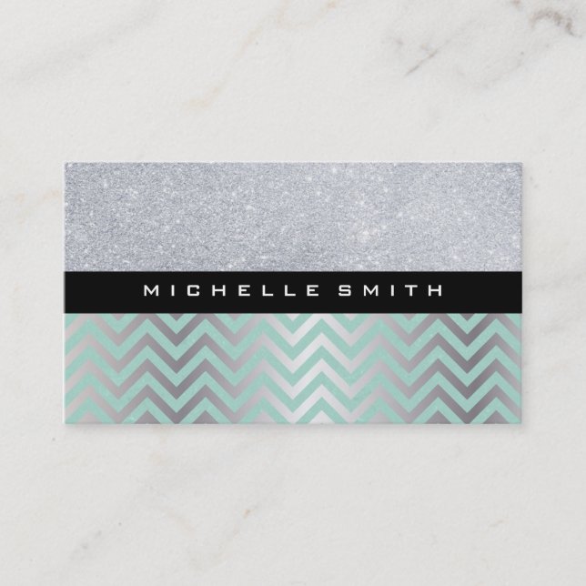 Carte De Visite Parties scintillant avec Motif Chevron en argent v (Devant)