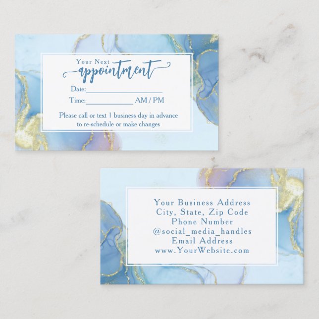 Carte De Visite Parties scintillant Bleue Aquarelle Mode Rendez-vo (Devant / Derrière)