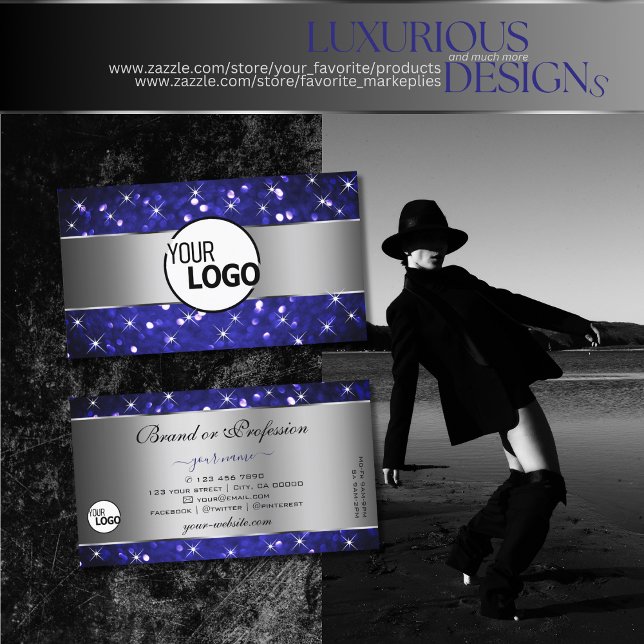 Carte De Visite Parties scintillant Bleue Argent Royal Étoiles éti (Créateur téléchargé)