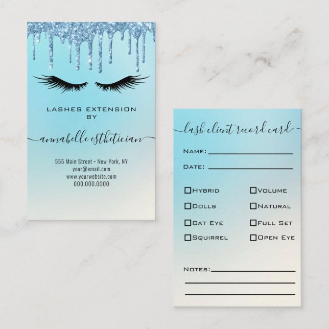 Carte De Visite Parties scintillant Blue Eyelash Extension Client  (Devant / Derrière)