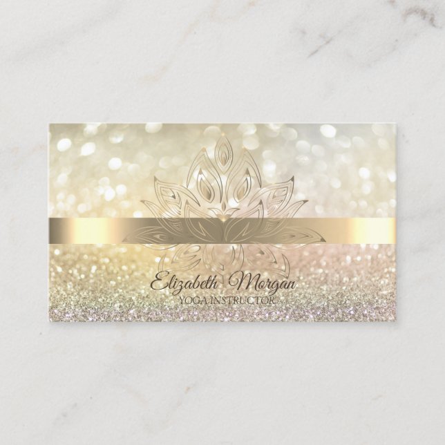 Carte De Visite Parties scintillant Bokeh Gold, Lotus Flower Yoga (Devant)