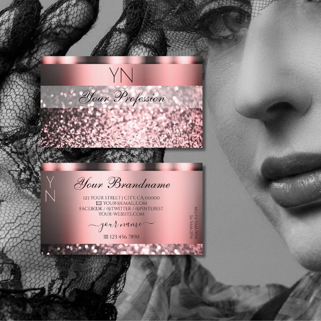 Carte De Visite Parties scintillant brillante rose Rose avec Monog (Créateur téléchargé)