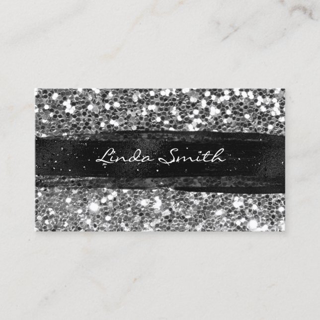 Carte De Visite Parties scintillant Confetti gris argent Brush noi (Devant)