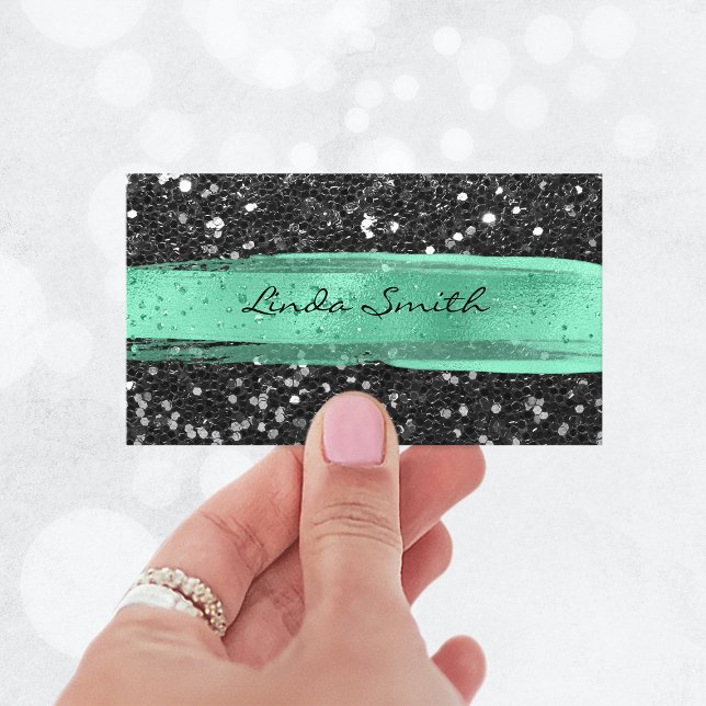 Carte De Visite Parties scintillant Confetti Noir Mint Brosse vert (Black Confetti Glitter Mint Green Brush Strokes Business Card)