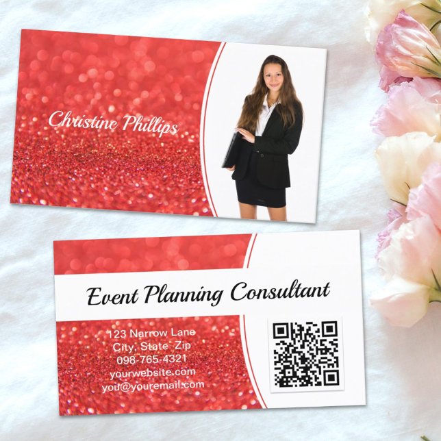 Carte De Visite Parties scintillant corail professionnel Photo per (This business card design features QR code and custom photo on a faux orange background. )