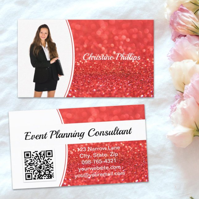 Carte De Visite Parties scintillant corail professionnel Photo per (A QR code and custom photo are key elements on this faux glitter business card design.)