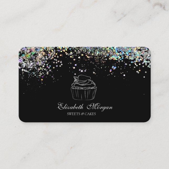 Carte De Visite Parties scintillant Cupcake Confetti coloré, Noir (Devant)