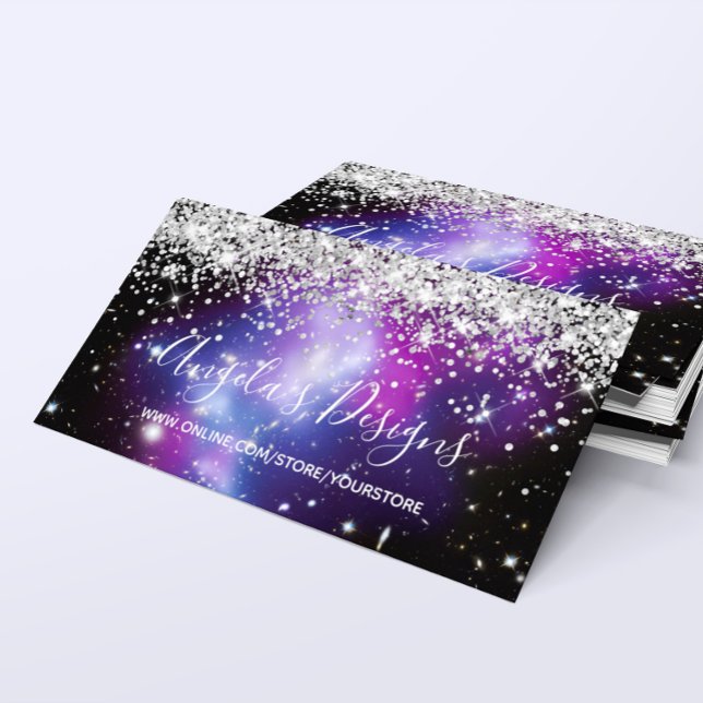 Carte De Visite Parties scintillant d'argent bleu violet Galaxie e (Silver Glitter Blue Purple Galaxy Online Store Business Card)