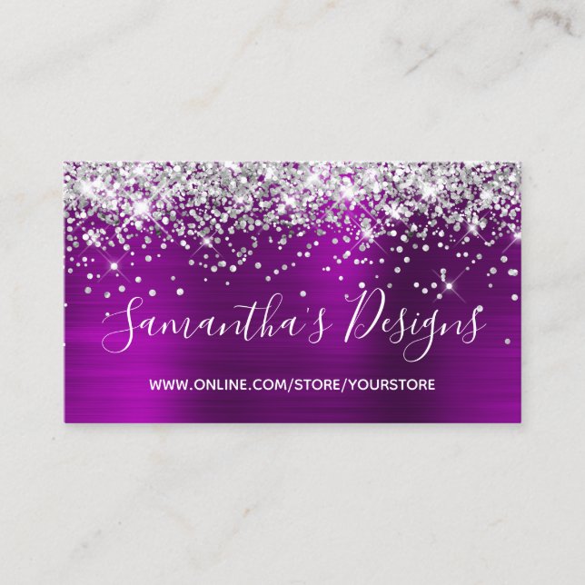 Carte De Visite Parties scintillant d'argent Magenta Purple Foil B (Devant)