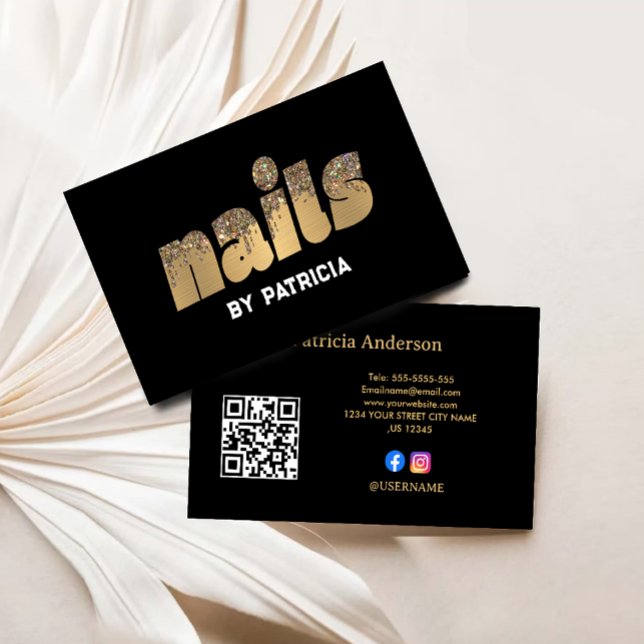 Carte De Visite Parties scintillant de clous d'or Typographie Nail (Gold Nails Glitter Drips Typography Nail Tech Business Card)