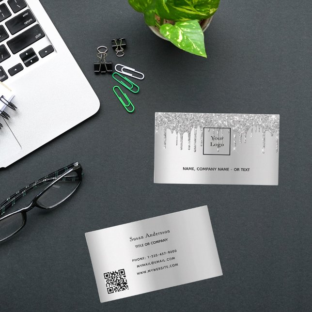 Carte De Visite Parties scintillant de code QR argent gouttes feme (Créateur téléchargé)