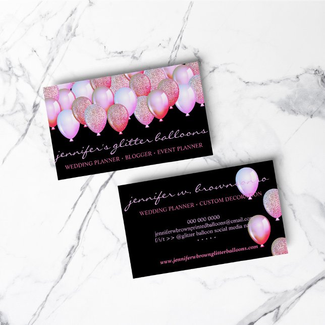 Carte De Visite Parties scintillant de décoration de fête Ballons  (Party Decoration Glitter Balloons Sparkles Pink Business Card)