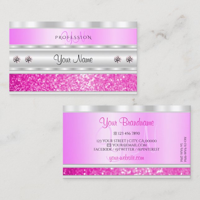 Carte De Visite Parties scintillant de luxe Silver rose avec Monog (Devant / Derrière)