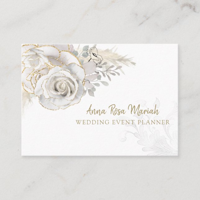 Carte De Visite *~* Parties scintillant d'or Floral Rose blanche É (Devant)
