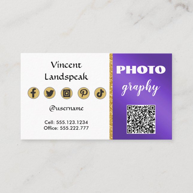 Carte De Visite Parties scintillant d'or métallique violet QR Code (Devant)