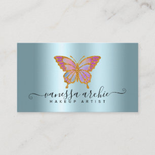Carte De Visite Parties scintillant d'or Papillon Turquoise métal