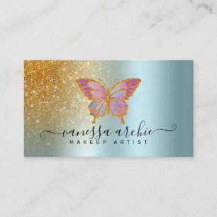 Carte De Visite Parties scintillant d'or Papillon Turquoise métal