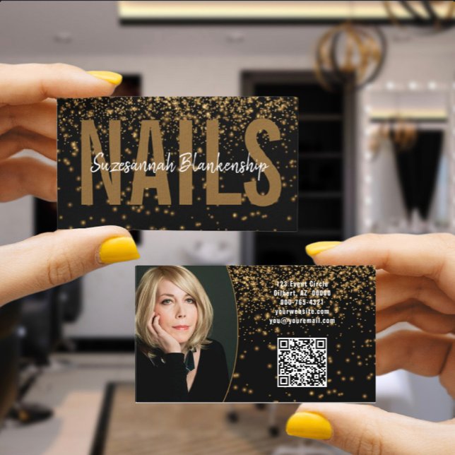 Carte De Visite Parties scintillant d'or sur le code QR photo pers (This business card front and back offer all your information with custom photo and QR code link. )