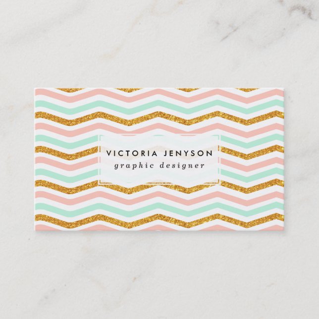 Carte De Visite Parties scintillant d'or Turquoise Chevron moderne (Devant)