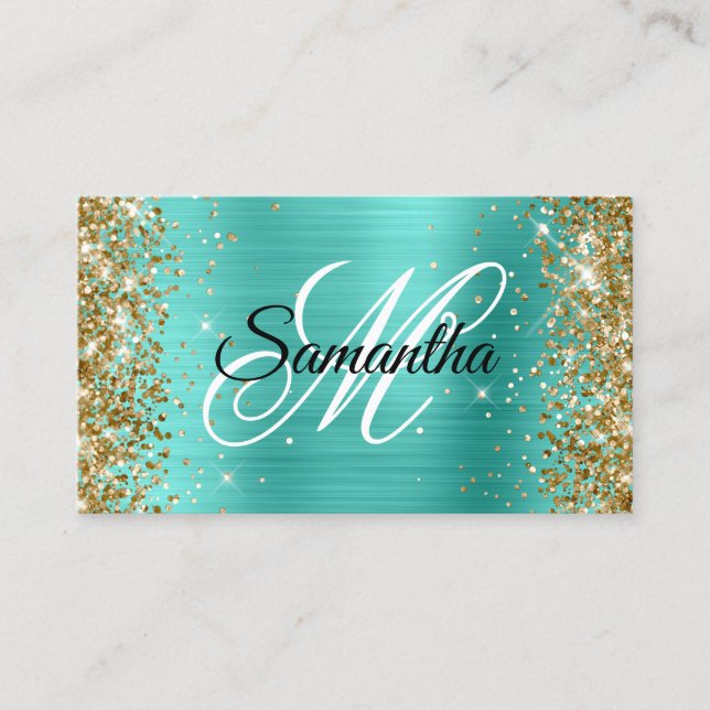 Carte De Visite Parties scintillant d'or Turquoise Foil Fancy Mono (Devant)