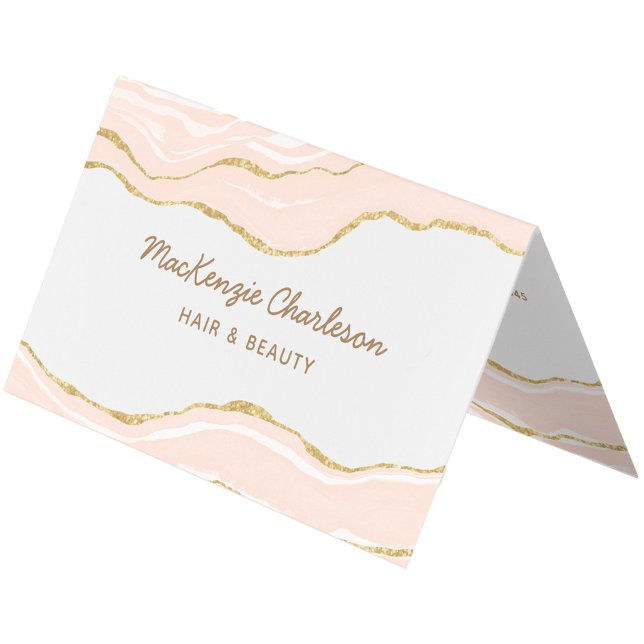 Carte De Visite Parties scintillant dorée en marbre rose (Blush pink marble agate with faux gold glitter folded custom business card)