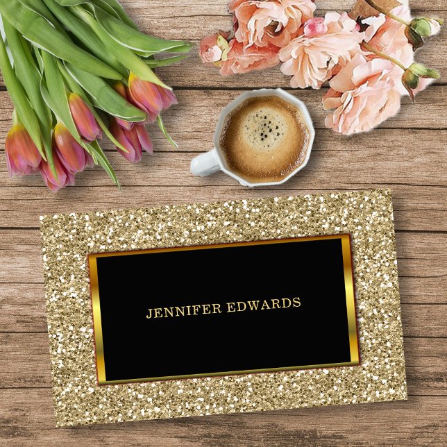 Carte De Visite Parties scintillant dorée moderne or élégant profe (Modern Gold golden Glitter, black gold frame, stylish professional Business Card.)