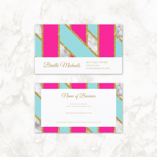 Carte De Visite Parties scintillant dorée rose Bleu rayures et mar (Glitzy Gold Glitter Pink Blue Stripes and Marble Business Cards)