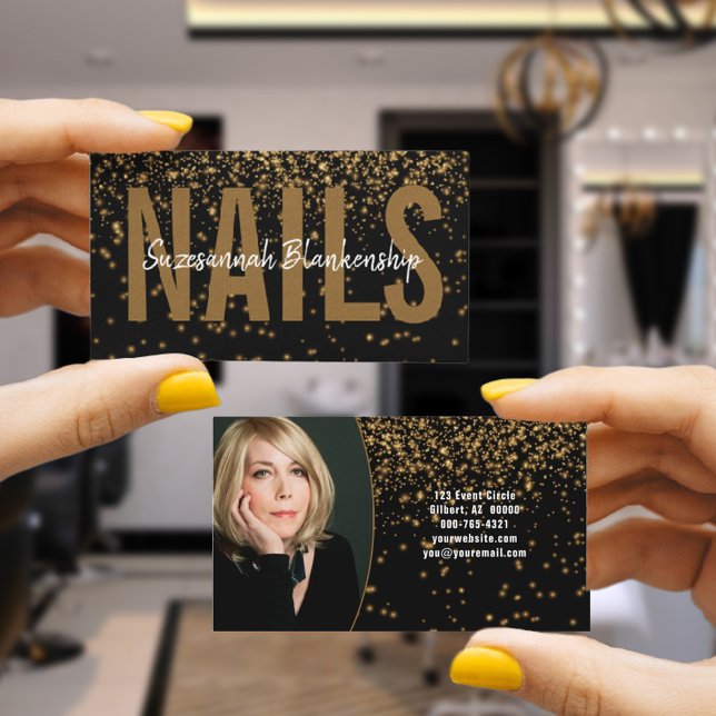 Carte De Visite Parties scintillant dorée sur photo personnalisée  (This black and gold photo business card design offers double sided information for your business.)