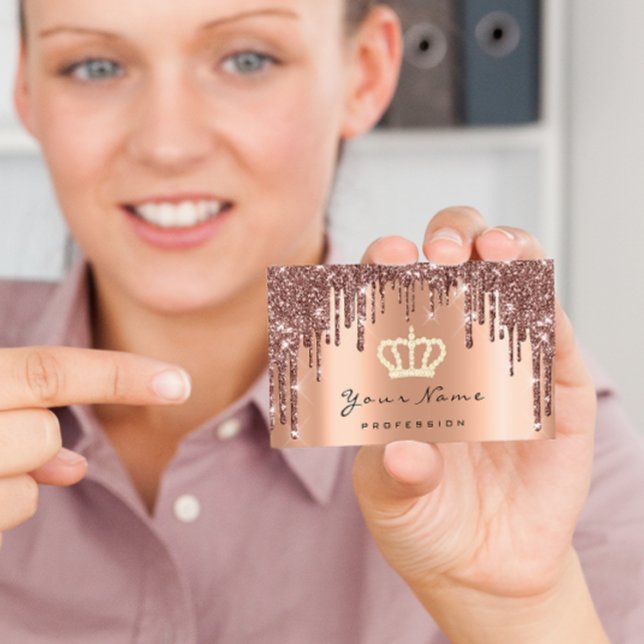 Carte De Visite Parties scintillant du planificateur d'événements  (Makeup Event Planner Glitter Rose Crown Copper Business Card)