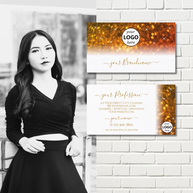 Carte De Visite Parties scintillant élégante blanche orange avec l (Créateur téléchargé)